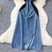 Women's Clothing Retro Elegant Denim Dress Women Summer High Grade Heavy Diamond Embroidery Waist V Neck Short Sleeved Long Dress_ecoleips.com