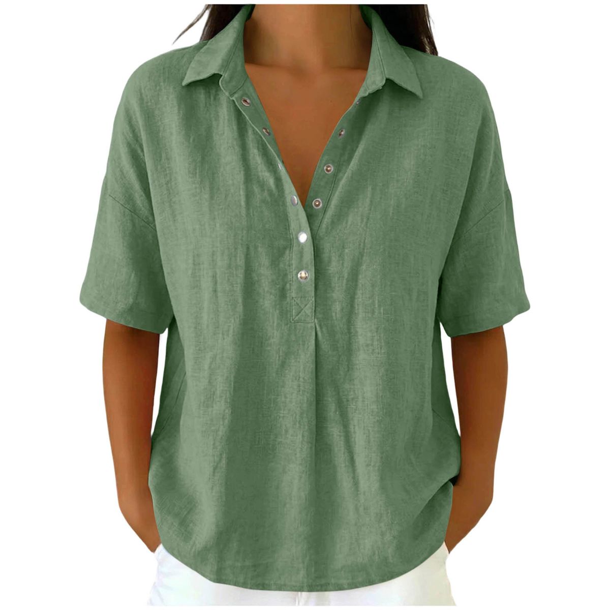 Women's Casual Short Sleeve Shirt With Lapel Collar - Versatile Basic Top For Everyday Wear, Comfortable Breathable Blouse_ecoleips.com