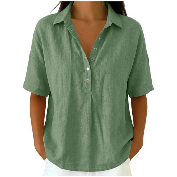 Women's Casual Short Sleeve Shirt With Lapel Collar - Versatile Basic Top For Everyday Wear, Comfortable Breathable Blouse_ecoleips.com