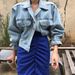 Korean Chic Oversized Denim Jacket – Cropped, Puff Sleeve, Multi-Pocket, Lapel Collar (One Size, Dark/Light Blue/Pink, 90s Retro Streetwear)_ecoleips.com