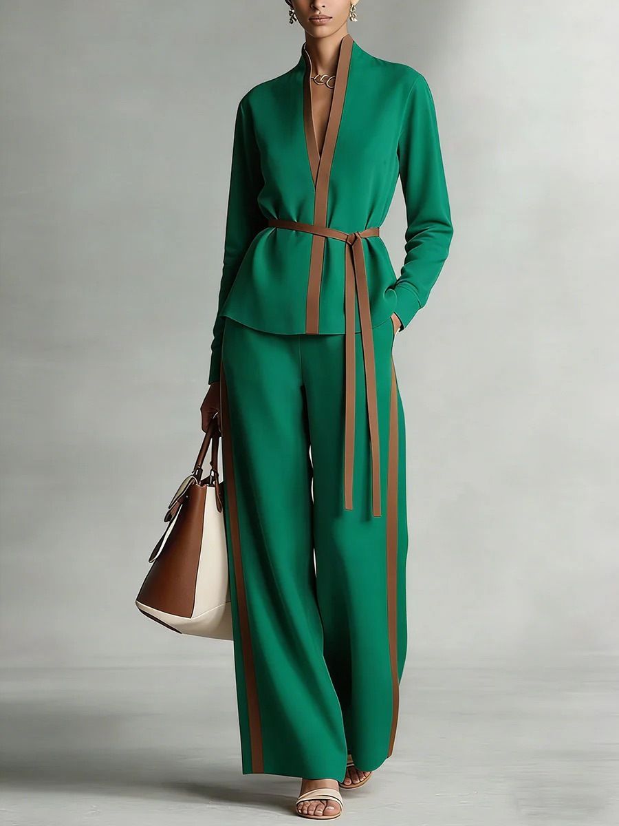 Women's Color Block Cardigan Shirt And Wide Leg Pants Set Casual Spring/Summer Two-Piece Outfit European American Style_ecoleips.com