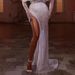 Luxury Wedding Dress Mermaid Strapless One Shoulder Feather Pearl Floor Length High Slit See Through Sexy Wedding Dress_ecoleips.com