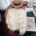 Women's Light Blue Cherry Embroidery Knit Cardigan, Long Sleeve Crew Neck Pearl Button Sweater, Soft Fuzzy Casual Daily Wear Cropped Knitwear For Euro_ecoleips.com