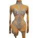 Nude Rhinestone Embellished Turtleneck Long Sleeved Mesh Bodycon Jumpsuit Casual Fashionable Formal Dress_ecoleips.com