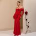 Women's Sexy Off Shoulder Shirred Solid Color Floral Embellished Bodycon Maxi Dress – Elegant Party Gown_ecoleips.com