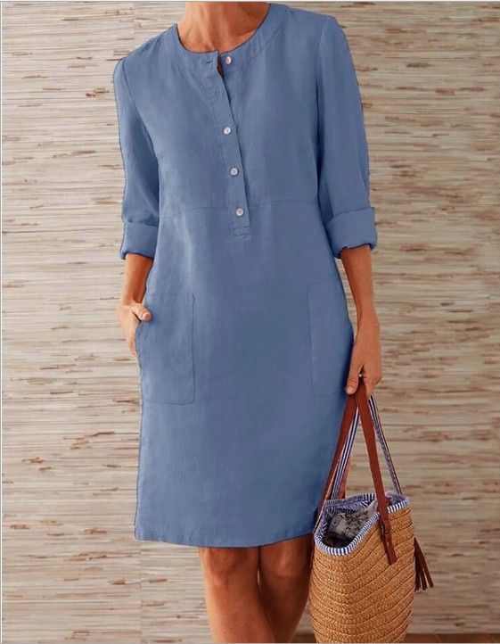 Women's Spring Cotton Linen Loose Dress Long Sleeve Round Neck Plus Size_ecoleips.com