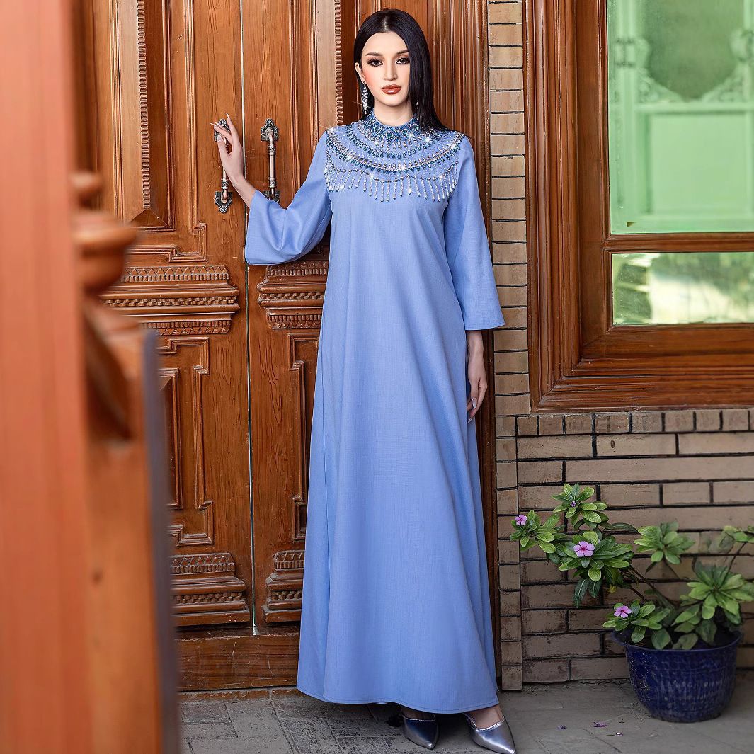 Women's Clothing New Half High Collar Heavy Industry Party Dress Middle East New Fashion MUSILIN Long Dress_ecoleips.com