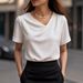Women's Casual V-Neck Short Sleeve Loose Fit Pullover T-Shirt - Breathable Waffle Knit Fabric(White, Gray, Beige, Pink) - S-XXXL_ecoleips.com