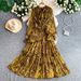 Women's French Style Elegant V Neck Dress Bow Bell Sleeve Fitted Waist Shimmering Print Ruffled Hem_ecoleips.com