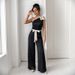 Women's Clothing Ribbon Black And White Contrast Bow Decoration One Shoulder Dress Straight Jumpsuit Trousers_ecoleips.com