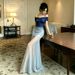 Women's Off Shoulder Ombre Blue Mesh Mermaid Bodycon Maxi Dress – Beach Resort Evening Gown_ecoleips.com