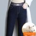 Women's Wool Denim Jeans, High-waisted, Winter Outerwear, Fleece-lined, Thickened Cotton Pants, Slimming, Extra Thick,_ecoleips.com