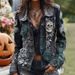 Women's Boho Embroidered Floral Denim Jacket, Vintage Green Purple 3D Rose Beaded Long Sleeve Cropped Coat, Casual Streetwear Outerwear For Daily Week_ecoleips.com