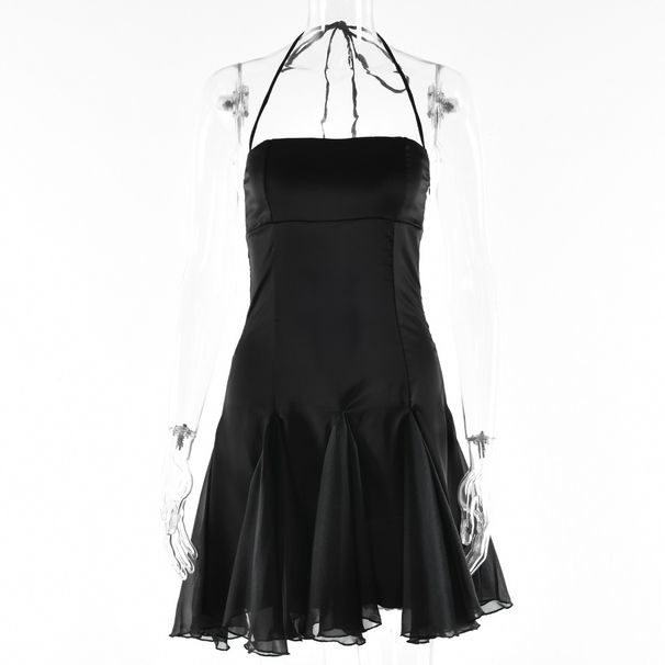 Women Romantic Figure‑Flattering Dress With Off‑Shoulder Neck, Halter Strap & Ruffled Hem_ecoleips.com