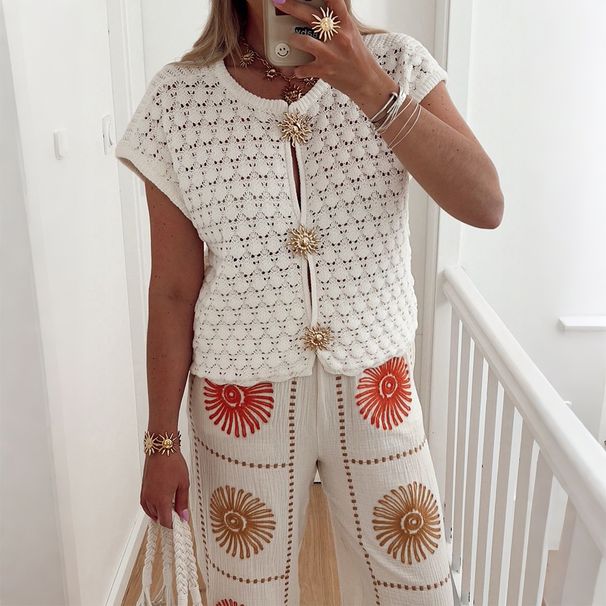 Diyun European And American Simple Vacation Short Sleeve Hollow T-Shirt Knitted Women's Clothing 2025_ecoleips.com