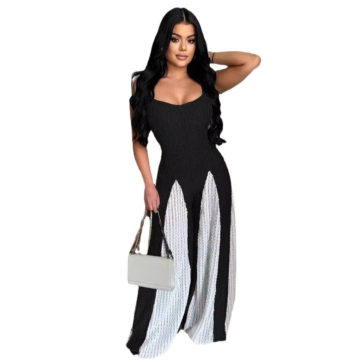 Women's Clothing Sexy Hollow Wide Leg Knitted Sling Stitching Contrast Color Jumpsuit_ecoleips.com