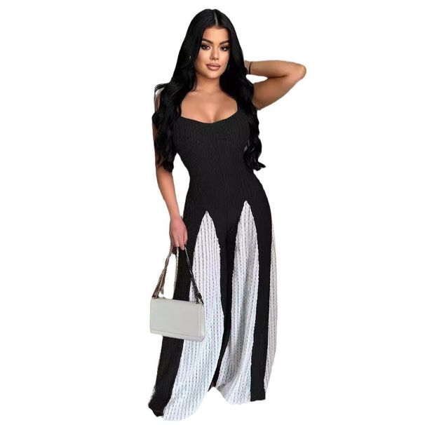 Women's Clothing Sexy Hollow Wide Leg Knitted Sling Stitching Contrast Color Jumpsuit_ecoleips.com