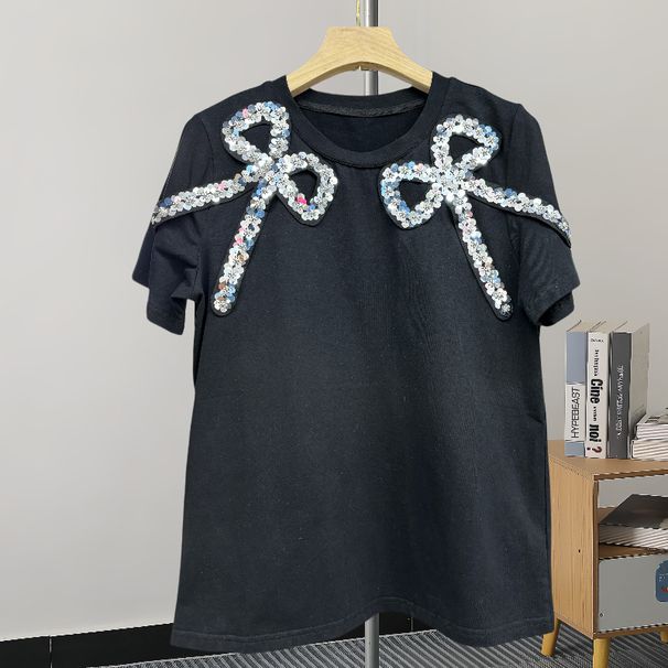 Women's 3D Floral Applique Short Sleeve T-Shirt Embroidered Flower Detail round Neck Cotton Top Fashion Summer Tee_ecoleips.com