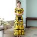 Summer Bohemian Long Waist Slimming Middle-aged Women 50 Mom Artificial Cotton Dress_ecoleips.com
