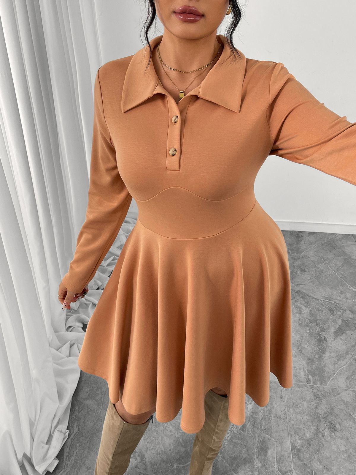 Women's Clothing Plus Size Clothes"Elegant Caramel A-Line Long Dress – High Waist & Slimming Long Sleeves, Autumn/Winter Women's Dress_ecoleips.com