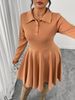 Women's Clothing Plus Size Clothes"Elegant Caramel A-Line Long Dress – High Waist & Slimming Long Sleeves, Autumn/Winter Women's Dress_ecoleips.com