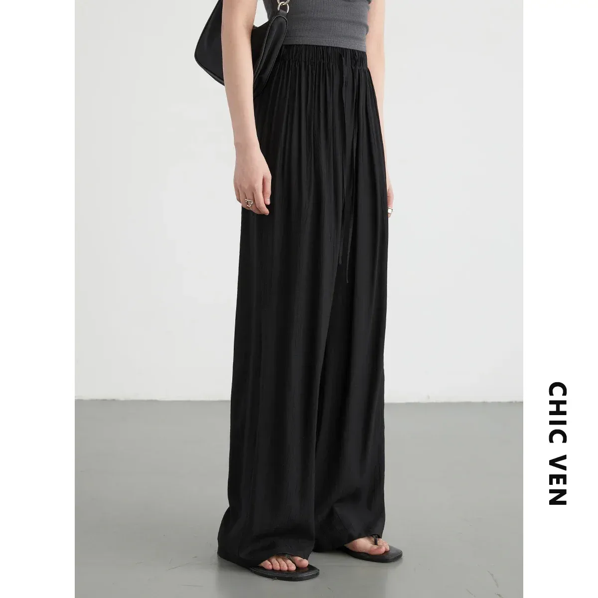 CHIC VEN Korean Women Pants High Waisted Loose Solid Textured Elastic Waist Wide Leg Casual Trousers For Woman Sport Summer 2026_ecoleips.com