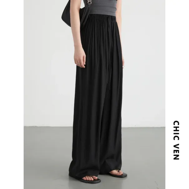 CHIC VEN Korean Women Pants High Waisted Loose Solid Textured Elastic Waist Wide Leg Casual Trousers For Woman Sport Summer 2026_ecoleips.com