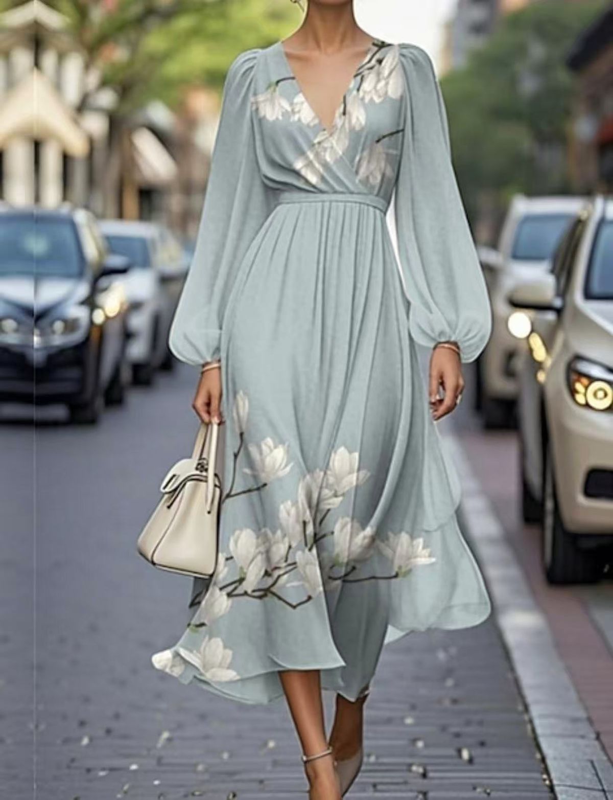 Women's Clothing New Printed Casual Retro Sexy V Neck Puff Sleeve Dress_ecoleips.com