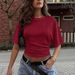 Summer Solid Color Women's T-Shirt Crew Neck Short Sleeve Gathered Slim Waist Hot Selling_ecoleips.com