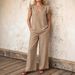 Women's Summer Casual Cotton Linen Pant Set V Neck Pullover Two Piece with Pockets European American Style_ecoleips.com