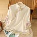 Chinese-Style Embroidered Cotton-Linen Short-Sleeve Women's Vintage Top, Frog Buttons, Artistic Summer Diagonal Tea Jack_ecoleips.com