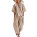 Women's Fashion Two Piece Set American Style Casual V Neck Top Loose Short Sleeve High Waisted Trousers Solid Color_ecoleips.com