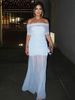 Hugcitar Slash Neck Solid Short Sleeve Patchwork Mesh Ruched Sexy Maxi Dress See Through Women Elegant Outfits Party Holiday_ecoleips.com