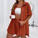 Women's Casual Loose Short Sleeve Shirt Set Single Breasted Two Piece Solid Color Fashion Shorts_ecoleips.com