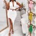 Women's New Solid Color Halter Deep V Tank Top Irregular Bodycon Skirt Set_ecoleips.com
