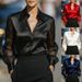 Elegant Satin Long Sleeve Blouse for Women V-Neck Pure Color Office Casual Wear Shirt Black White Navy Red S M L XL_ecoleips.com