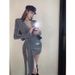 American Style Spicy Girl Elegant Slim V-Neck Long Sleeve One-Piece T-Shirt Women Winter Tie-Up Bodycon Skirt Two-Piece_ecoleips.com
