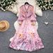 Women's French Romantic Style Slim Fit Dress Long Sleeve V Neck Tie Waist Full Skirt Vacation Style Floral Print_ecoleips.com