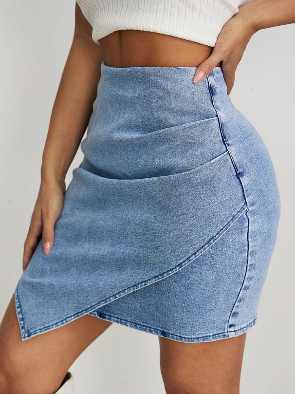 Women's Clothing New High Waist Pleated Irregular Denim Hip Skirt_ecoleips.com