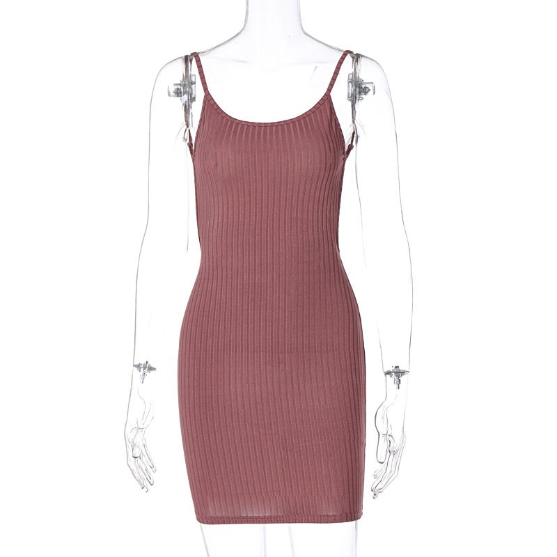 2025 Spring New Women's Fashion Solid Color Slim Fit Knitted Sexy Strap Bodycon Dress Wholesale_ecoleips.com