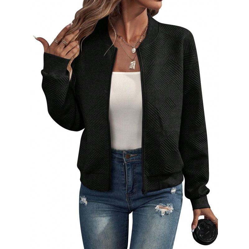 Women’s Zip-Up Bomber Jacket – Geometric Jacquard Polyester Casual Coat, Loose Fit Streetwear Outerwear In 8 Colors (Black/Army Green/Caramel)_ecoleips.com