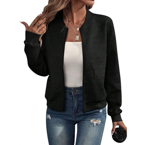 Women’s Zip-Up Bomber Jacket – Geometric Jacquard Polyester Casual Coat, Loose Fit Streetwear Outerwear In 8 Colors (Black/Army Green/Caramel)_ecoleips.com