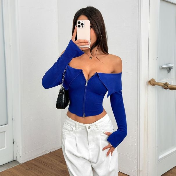 Voya Women's One Word Neck Trendy T-shirt 2026 Spring/Summer New Off Shoulder Short Top_ecoleips.com