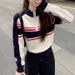 Women's Retro Street Style Color Block Striped Half Zip Knit Top Preppy Sportswear Autumn/Winter_ecoleips.com
