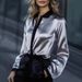 Women's Elegant Satin Long Sleeve Blouse With Color Block Design - Office Casual Chic Shirt For Work & Everyday Wear_ecoleips.com