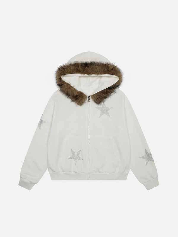 Women's Clothing Retro Style Fur Collar Star Hot Diamond Jacket For Men And Women High Street Trend Niche All Match Zipper Hooded Sweatshirt_ecoleips.com