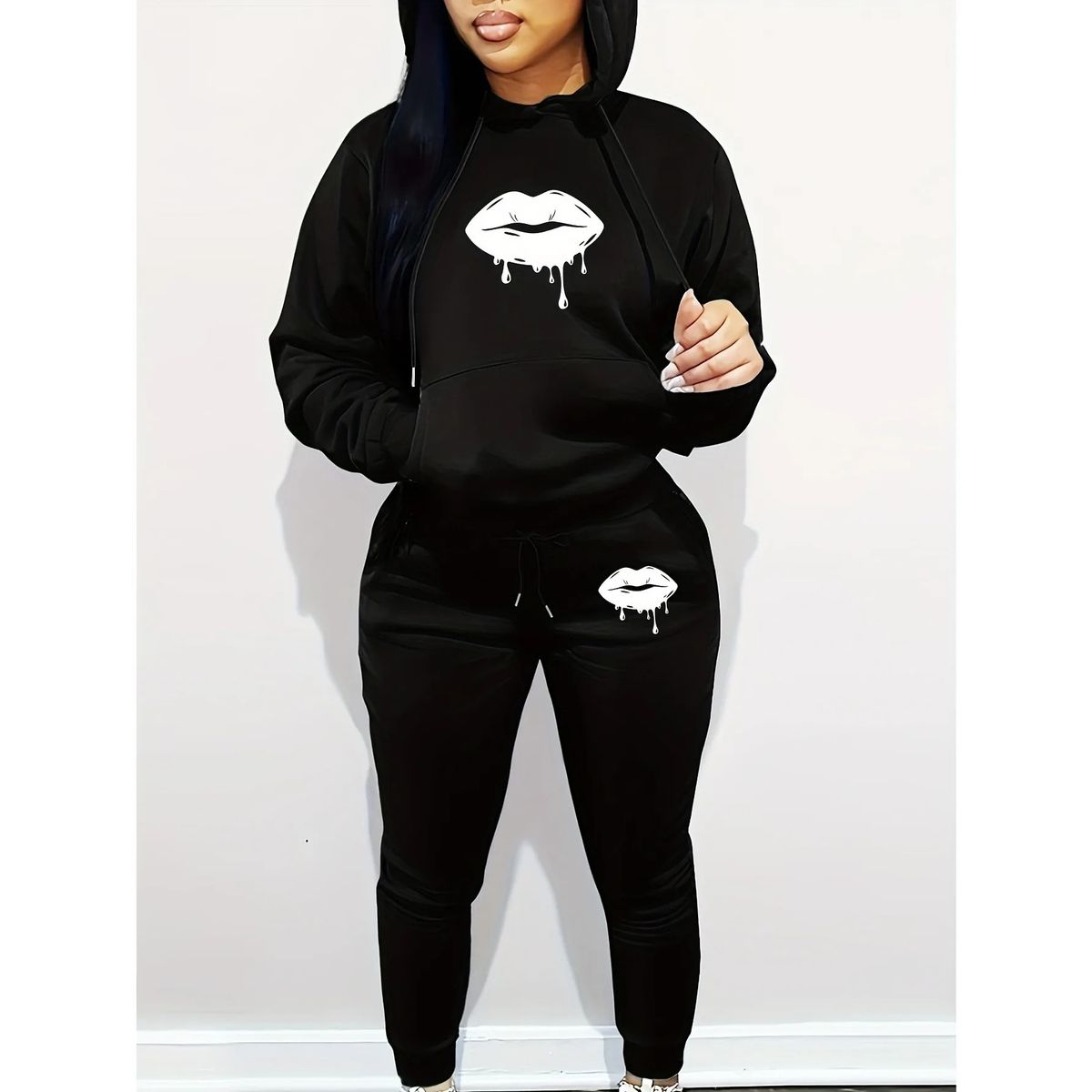 Women's Oversized Lip Print Cotton Sweatshirt And Pants 2 Piece Set Fashionable Autumn Winter Suit Casual Comfortable Clothing_ecoleips.com
