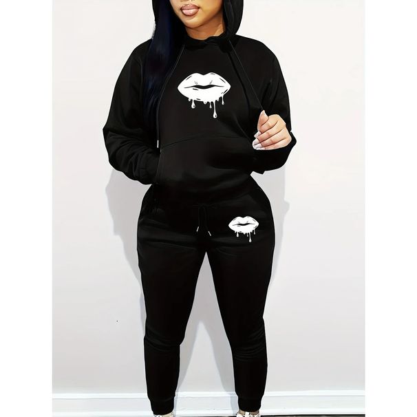 Women's Oversized Lip Print Cotton Sweatshirt And Pants 2 Piece Set Fashionable Autumn Winter Suit Casual Comfortable Clothing_ecoleips.com