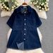 Fashionable Denim Suits for Women Premium Selection New Summer Style Korean Lapel Single Breasted Shirt Two Piece Set High Waisted Slimming And Flattering_ecoleips.com
