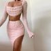 FY22396 Knitted Beaded Square Neck Long Sleeve And Short Set Spring Women's Sexy Crop Top Skirt_ecoleips.com